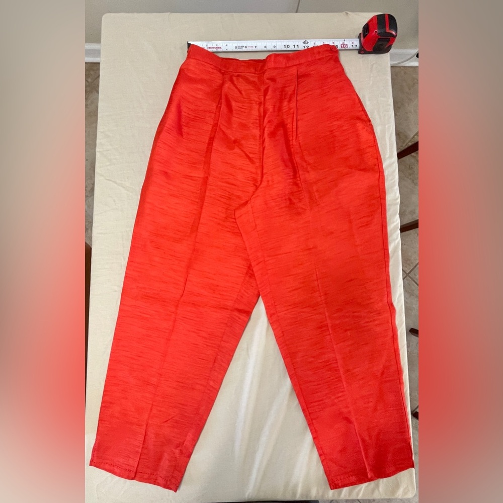 Selene Sport Red Satin Pleated Tapered Dress Pants Women's Elastic Waist
